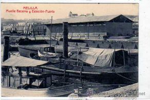 Postkarten: Melilla. Muelle Becerra y Estación Puerto. Barcos. Fototipia Castañeira, Alvarez. Madrid.